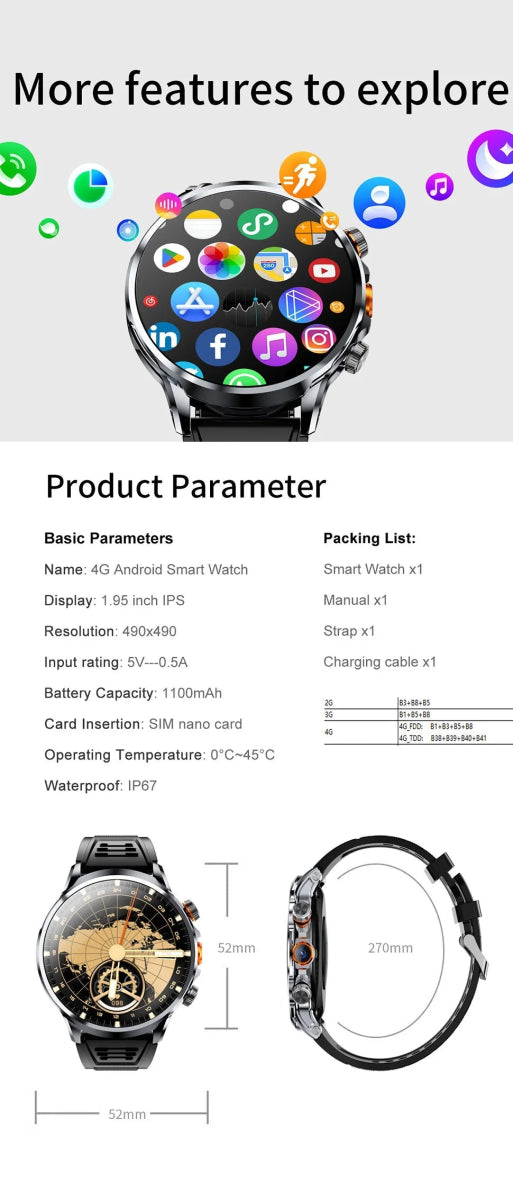 2025 novo relógio inteligente 4g android 1.95 polegada ips 360*360 tela com câmera 200w gps wifi 32gb rom smartwatch com bateria 1100mah DSersALIEXPRESS