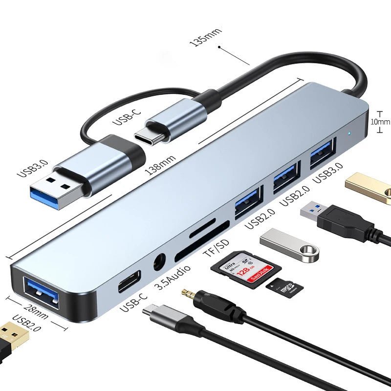 8 em 2 usb + tipo c hub docking station com adaptador de entrada de áudio de 3.5mm leitor de cartão micro sd portátil tablet conversor de disco de telefone DSersUSA