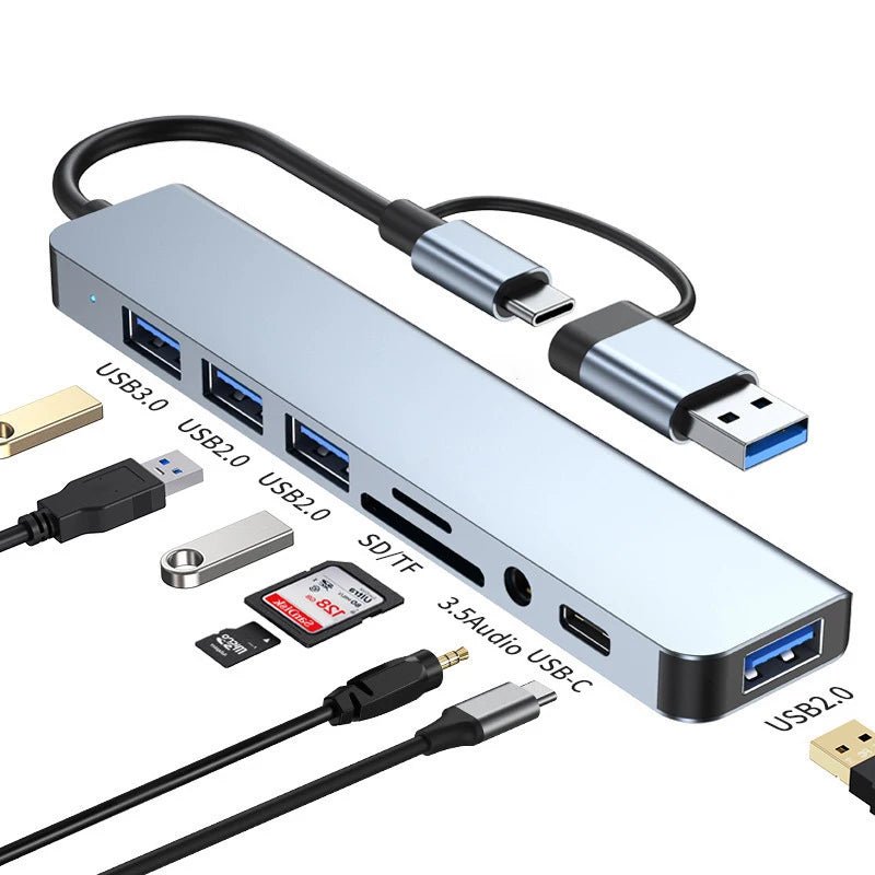 8 em 2 usb + tipo c hub docking station com adaptador de entrada de áudio de 3.5mm leitor de cartão micro sd portátil tablet conversor de disco de telefone DSersUSA