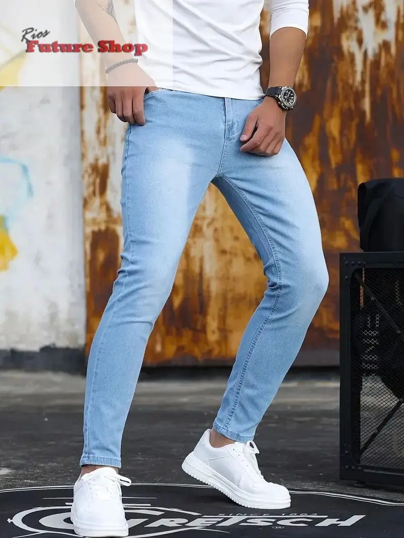 Calça masculina retrô com zíper elástica jeans casual slim fit - Rios Future Shop