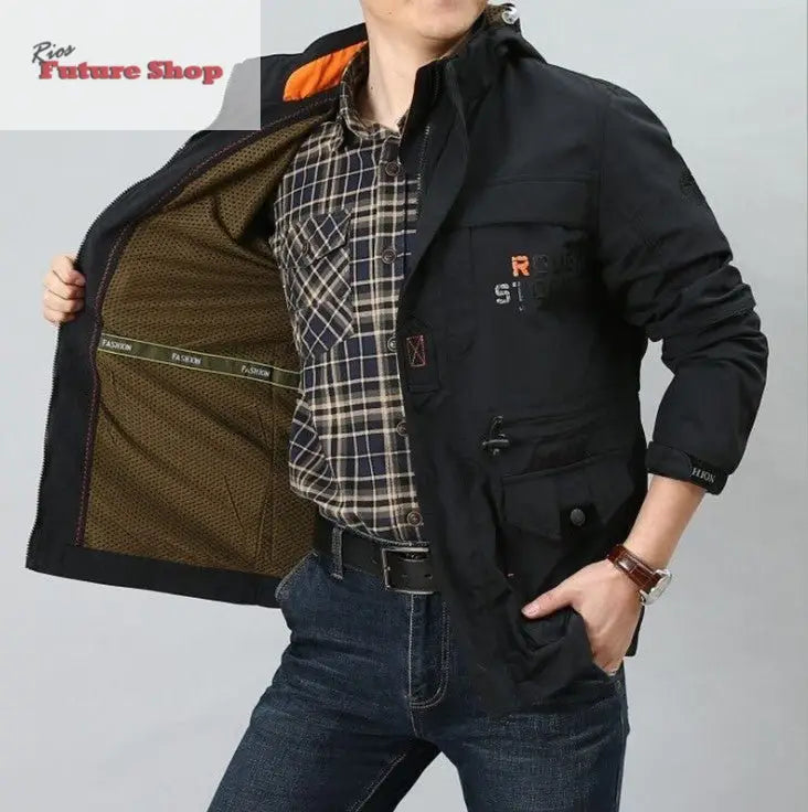 Casaco cross - border masculino de comprimento médio casual ao ar livre com capuz plus size casaco masculino primavera e outono - Rios Future Shop