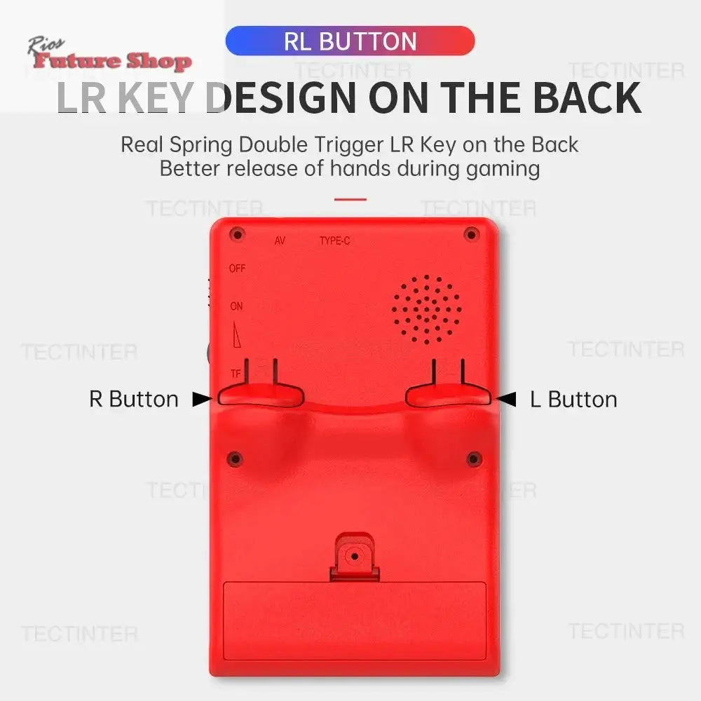 Portable GB300 retro video game console with TIPO-C charging, 3-inch screen, over 6000 games, and LR key design on the back.