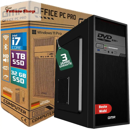 GMR Ultra Intel i7 PC - Calculadora rápida + Ordenador para Oficina y Oficina en casa con 32 GB DDR4 RAM/Memoria RAM - SSD de 2 TB - DVD+RW - USB 3.0 - WiFi 600 y Bluetooth 5 - Win 11 Pro - Rios Future Shop