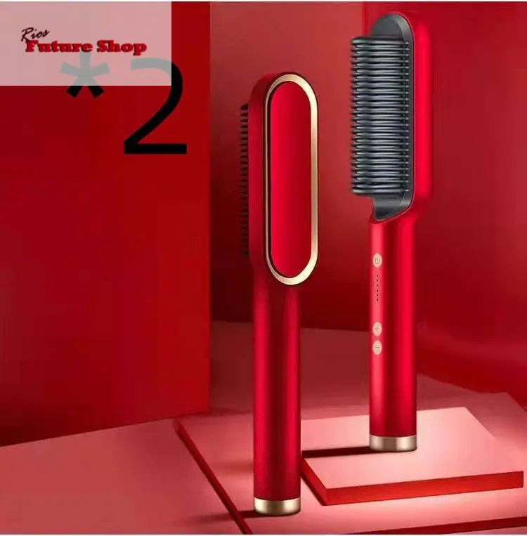 New 2 In 1 Hair Straightener Hot Comb Negative Ion Curling Tong Dual - purpose Electric Hair Brush - Rios Future Shop