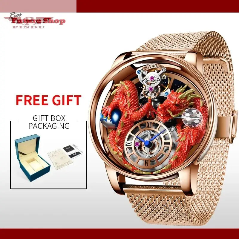 PINDU New Watchmakings House of Dragons Astronomia Art 3D Gold Dragon Astronomia Quartz Watch Men Astronomia Solar Montre Homme - Rios Future Shop