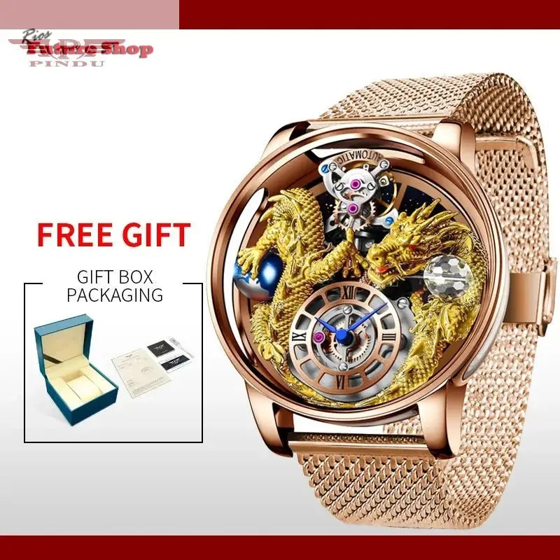 PINDU New Watchmakings House of Dragons Astronomia Art 3D Gold Dragon Astronomia Quartz Watch Men Astronomia Solar Montre Homme - Rios Future Shop
