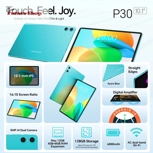 Teclast P30 Android 14 Tablet, 10.1 Inch, up to 12Gb Ram, 128Gb Rom, 1280X800 Ips, Unisoc T606, 8 Cores, 6000 Mah - Rios Future Shop