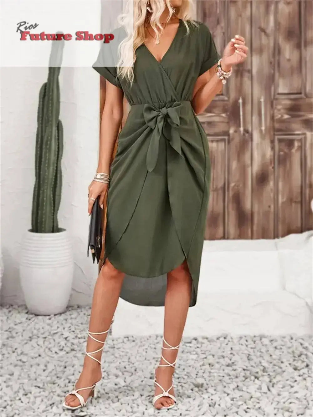 Tied Surplice Short Sleeve Dress - Rios Future Shop