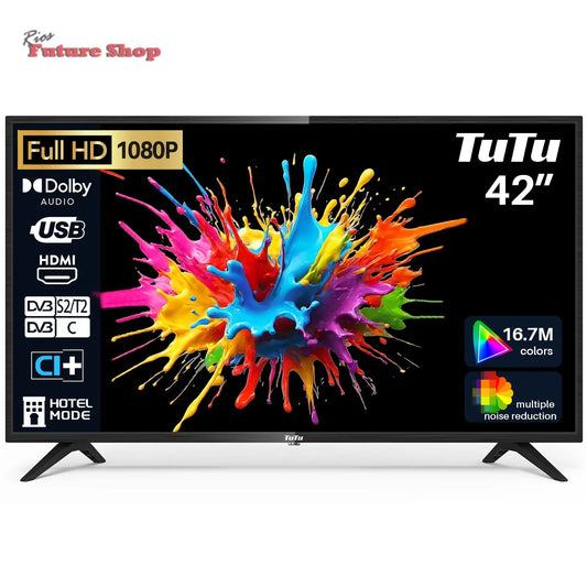 TuTu Televisores LED HD de 32 polegadas sem moldura TV com sintonizador digital DVB-T/T2-C-S/S2, HDMI, USB gravador leitor, modo de hotel, peana central (TUB32HN1NC, 2024) - Rios Future Shop