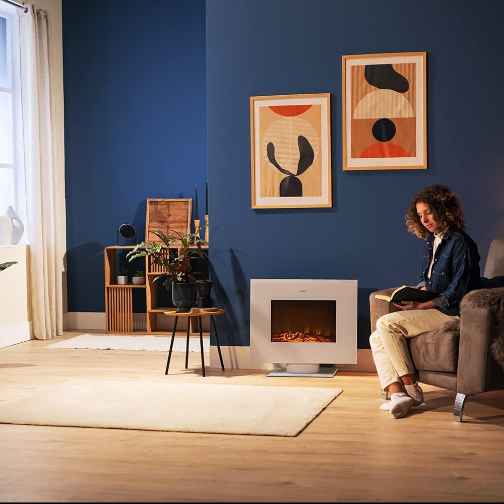Cecotec Chimenea Eléctrica Ready Warm 2700 Design Flames White. 2000 W, Tamaño 26", 2 Niveles de Potencia, Soporte de pie, Mando a Distancia, Temporizador, 25 m2