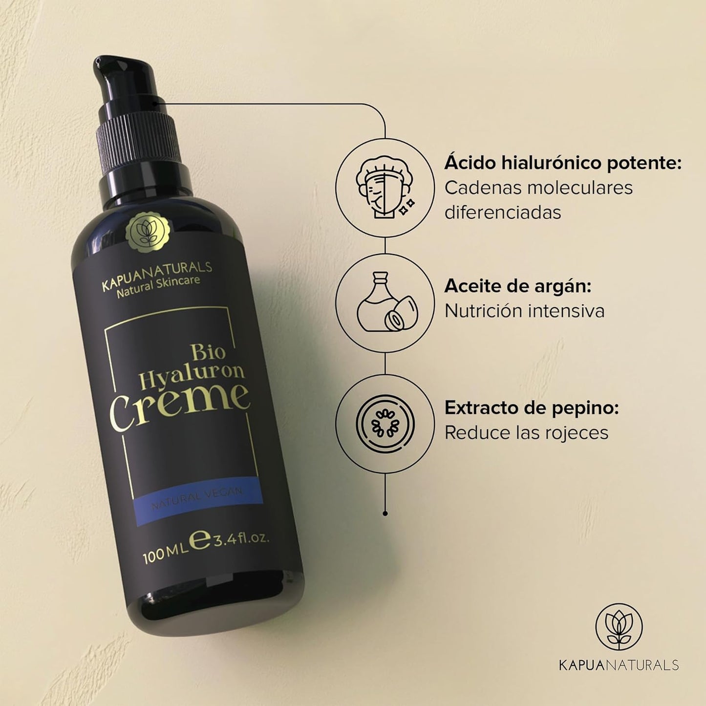 Crema Facial de Acido Hialuronico • 100ml • Crema Hidratante Facial • ORGÁNICA & VEGANO • Cosmética natural y sostenible • con Aloe Vera •Crema hidratante antiedad para hombres y mujeres