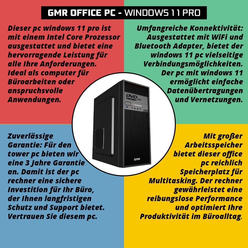 GMR Ultra Intel i7 PC - Calculadora rápida + Ordenador para Oficina y Oficina en casa con 32 GB DDR4 RAM/Memoria RAM - SSD de 2 TB - DVD+RW - USB 3.0 - WiFi 600 y Bluetooth 5 - Win 11 Pro
