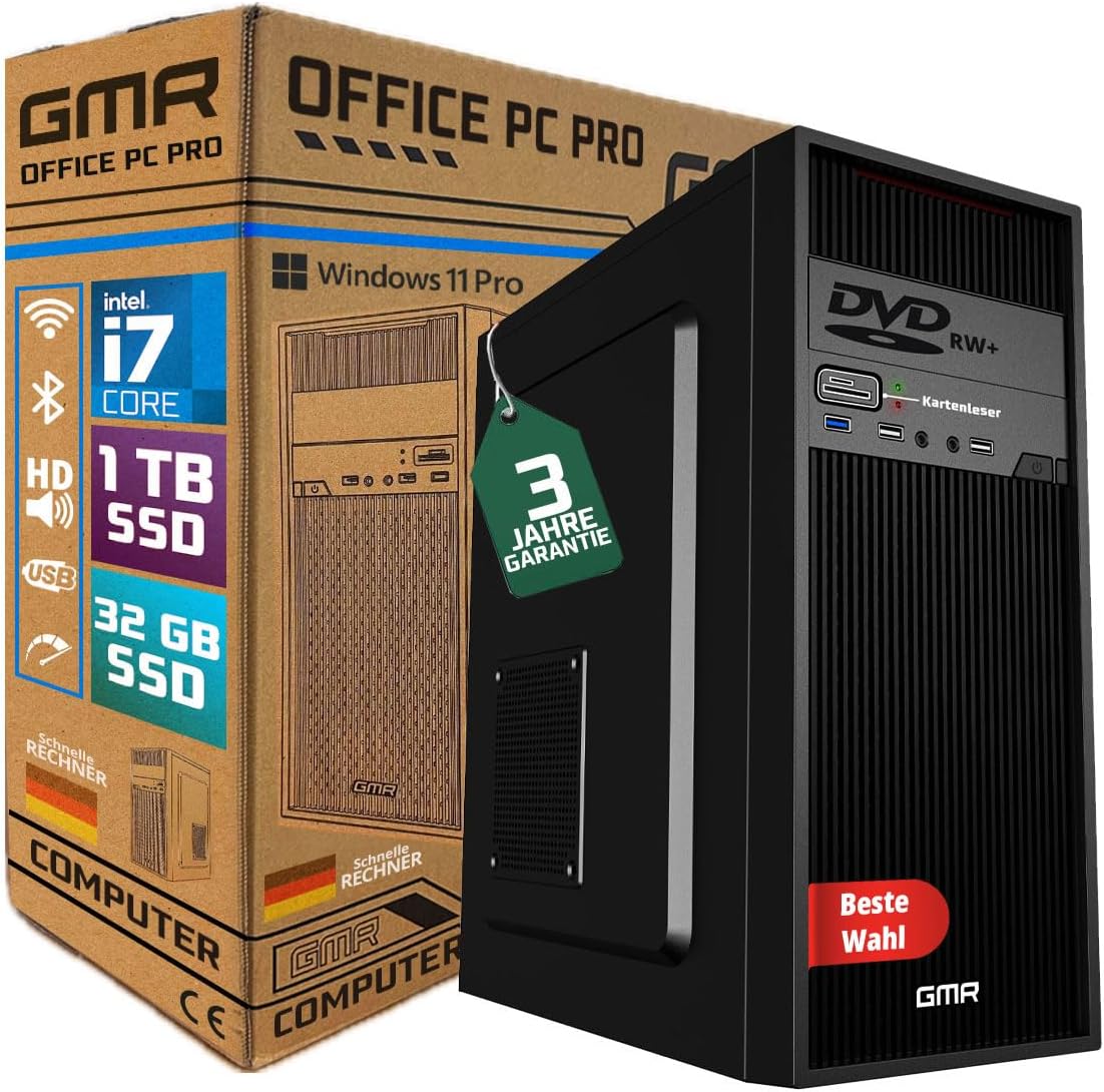 GMR Ultra Intel i7 PC - Calculadora rápida + Ordenador para Oficina y Oficina en casa con 32 GB DDR4 RAM/Memoria RAM - SSD de 2 TB - DVD+RW - USB 3.0 - WiFi 600 y Bluetooth 5 - Win 11 Pro