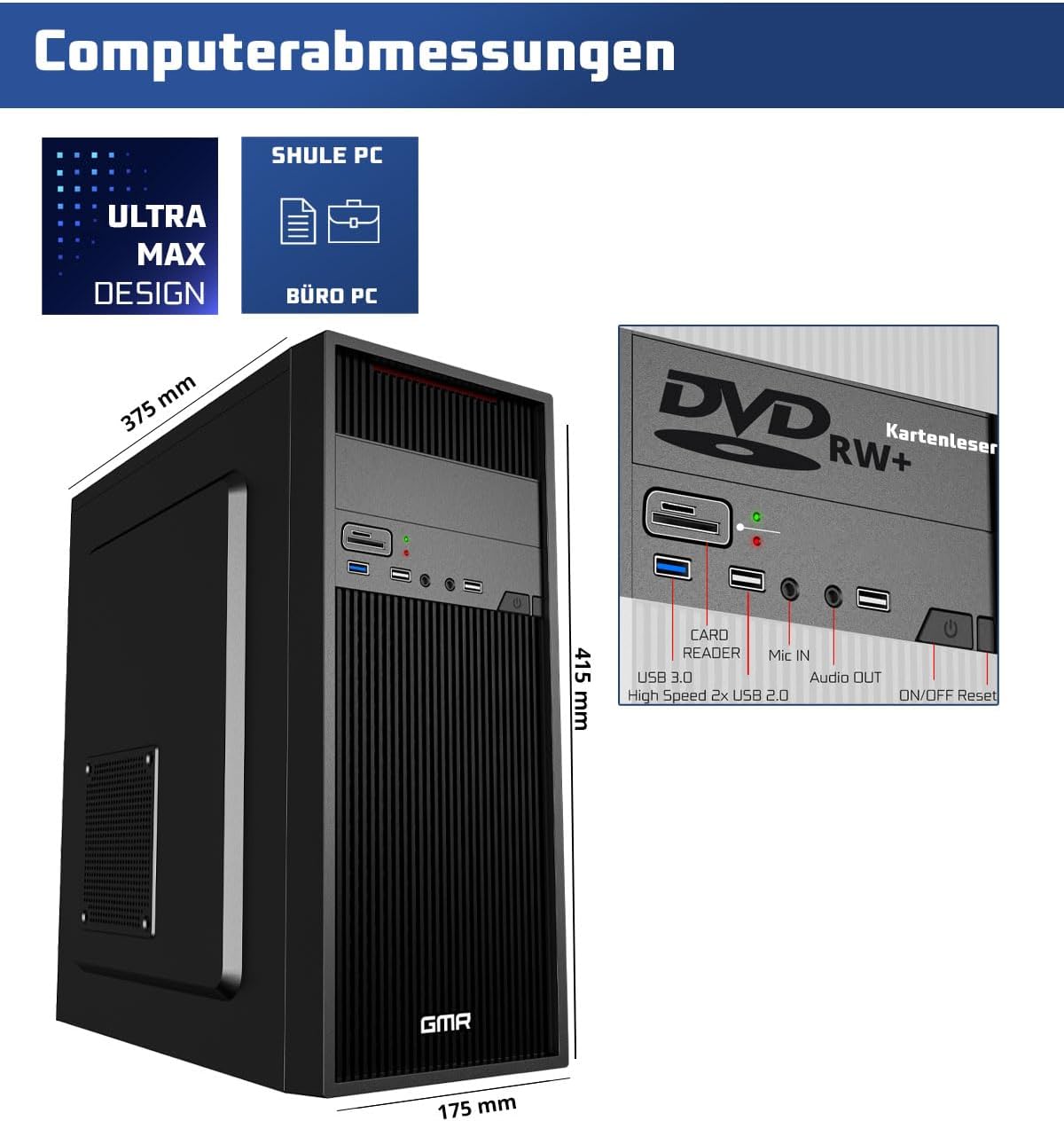 GMR Ultra Intel i7 PC - Calculadora rápida + Ordenador para Oficina y Oficina en casa con 32 GB DDR4 RAM/Memoria RAM - SSD de 2 TB - DVD+RW - USB 3.0 - WiFi 600 y Bluetooth 5 - Win 11 Pro
