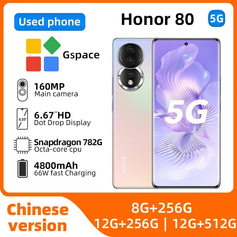 HONOR 80 5G CPU Snapdragon 782G Octa-Core Smartphon 6.67 Inches 120Hz Scrren Magic UI 7 Bettery 4800 NFC Used Smartphone DSersALIEXPRESS