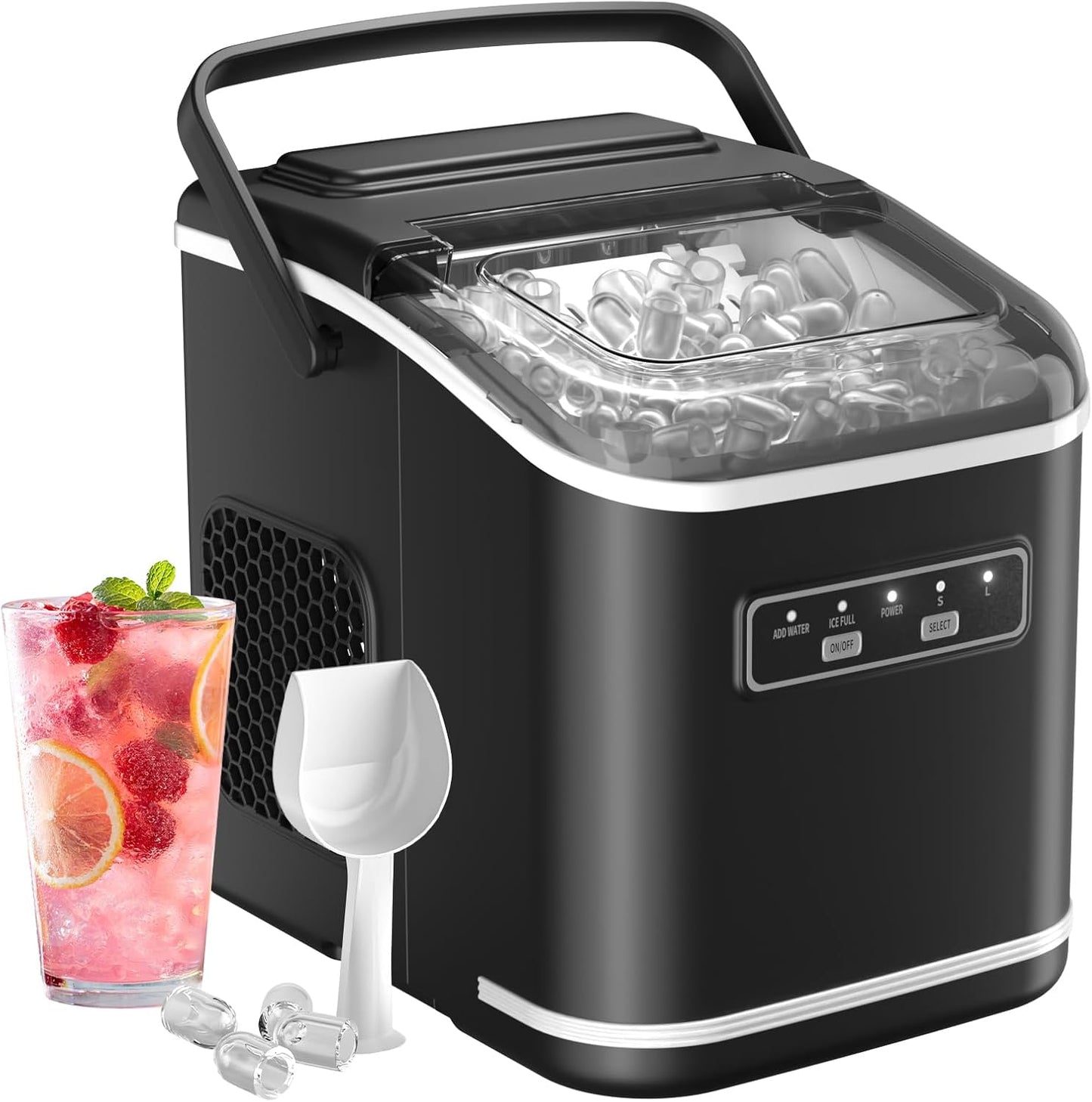 Máquinas de fazer gelo, Acmeenjoy 12 kg/24 h máquina de gelo para bancada, gelo em 6-8 minutos, máquina de gelo portátil e auto-limpeza com pega para casa / festa / cozinha / bar