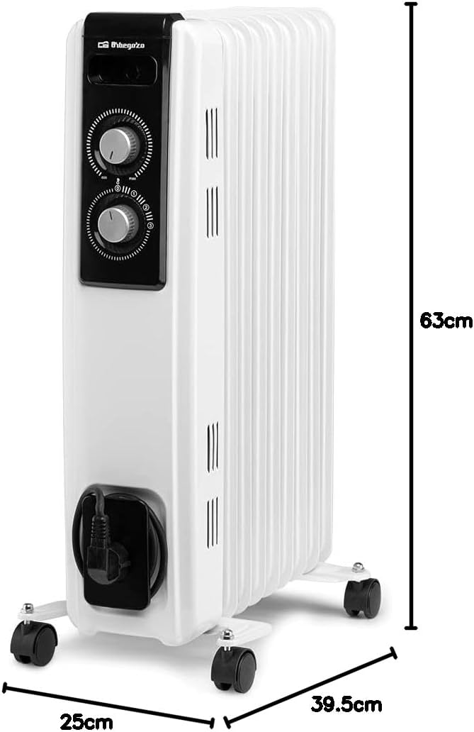 Orbegozo RF 2000, Radiador elétrico de baixo consumo, 2000 W, 3 potências de calor, 9 elementos, termostato regulável, proteção contra superaquecimento, rodas giratórias, cor branca