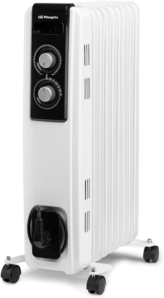Orbegozo RF 2000, Radiador elétrico de baixo consumo, 2000 W, 3 potências de calor, 9 elementos, termostato regulável, proteção contra superaquecimento, rodas giratórias, cor branca