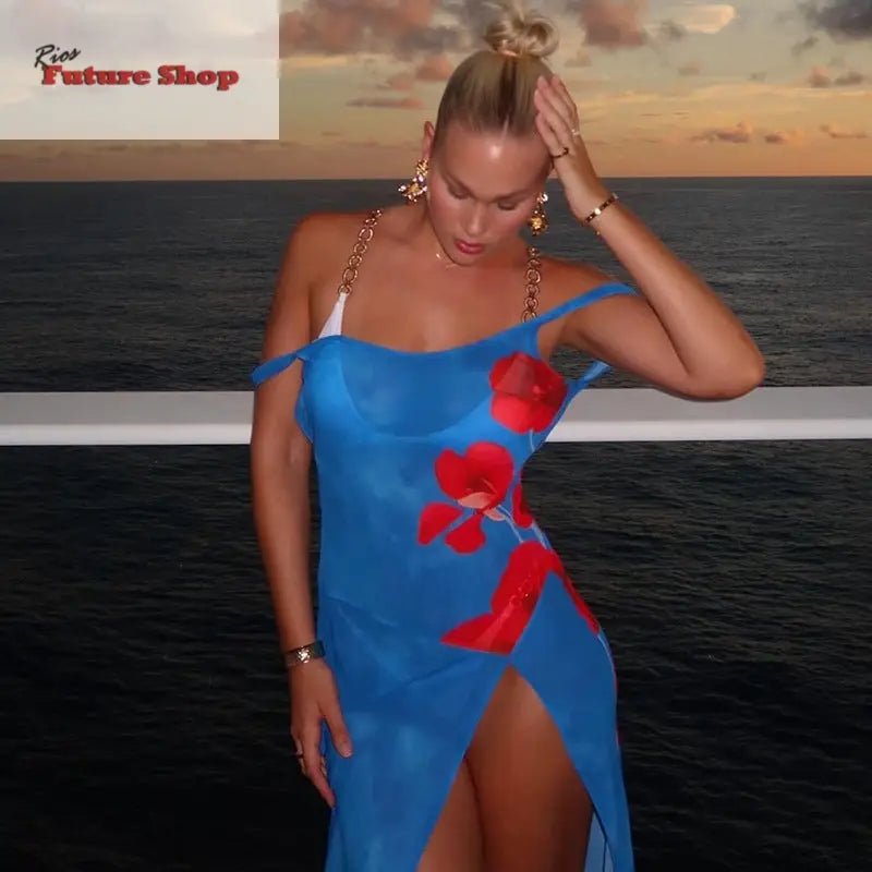 Split slimming long dress with European and American style sexy backless printed dress for women - Rios Future Shop