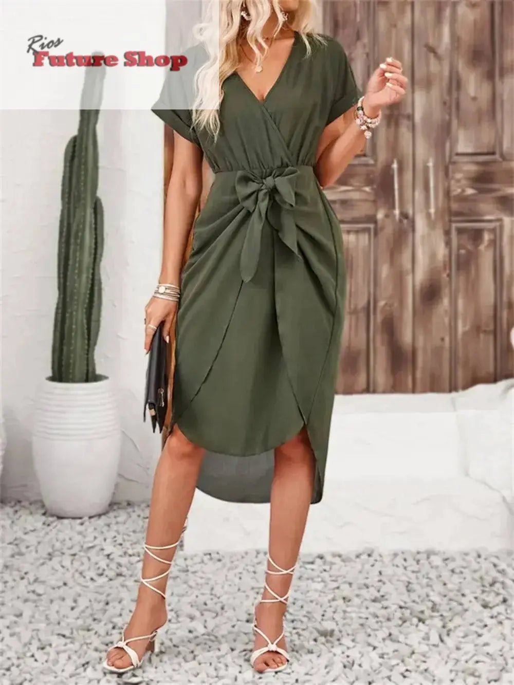 Tied Surplice Short Sleeve Dress - Rios Future Shop