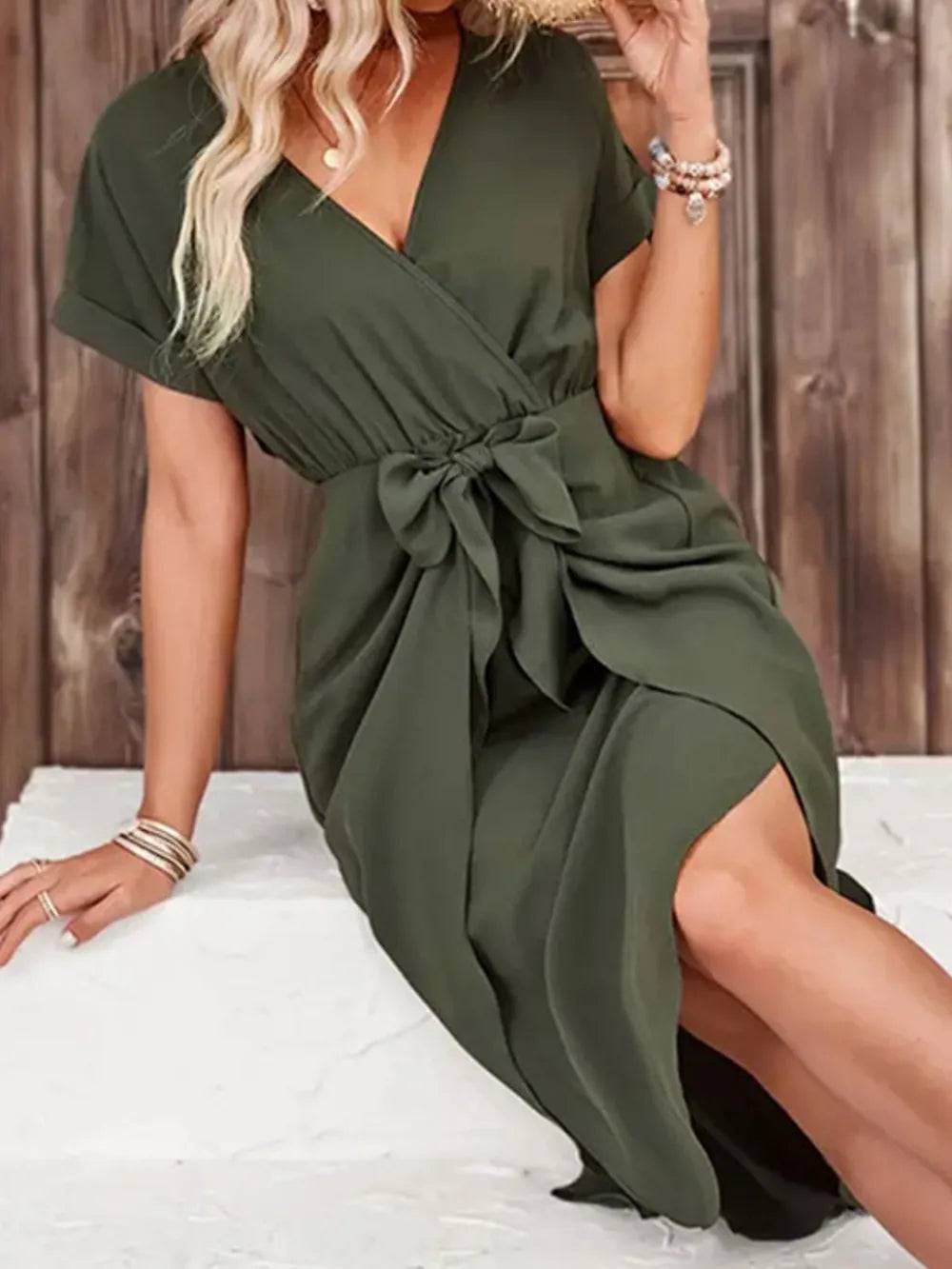 Tied Surplice Short Sleeve Dress eprolo