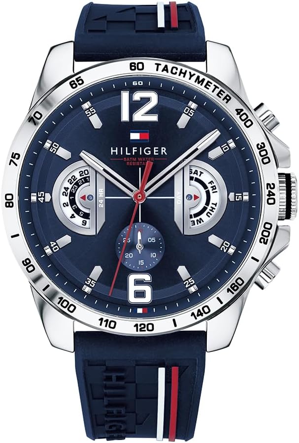 Tommy Hilfiger Relógio analógico multifuncional de quartzo para homens com correia de silicone, aço inoxidável ou couro, subesferas para dia e data, resistente à água até 5ATM.