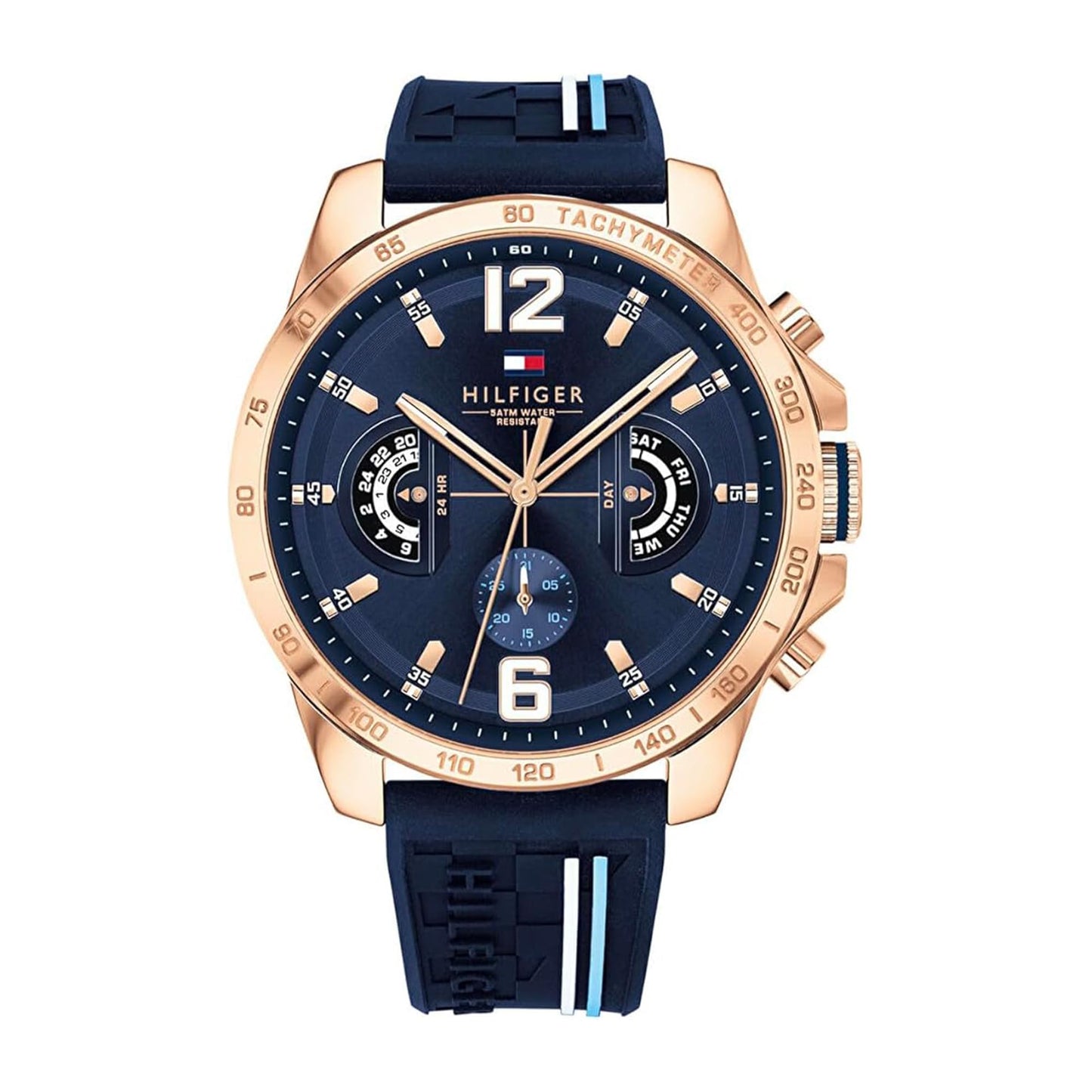 Tommy Hilfiger Relógio analógico multifuncional de quartzo para homens com correia de silicone, aço inoxidável ou couro, subesferas para dia e data, resistente à água até 5ATM.