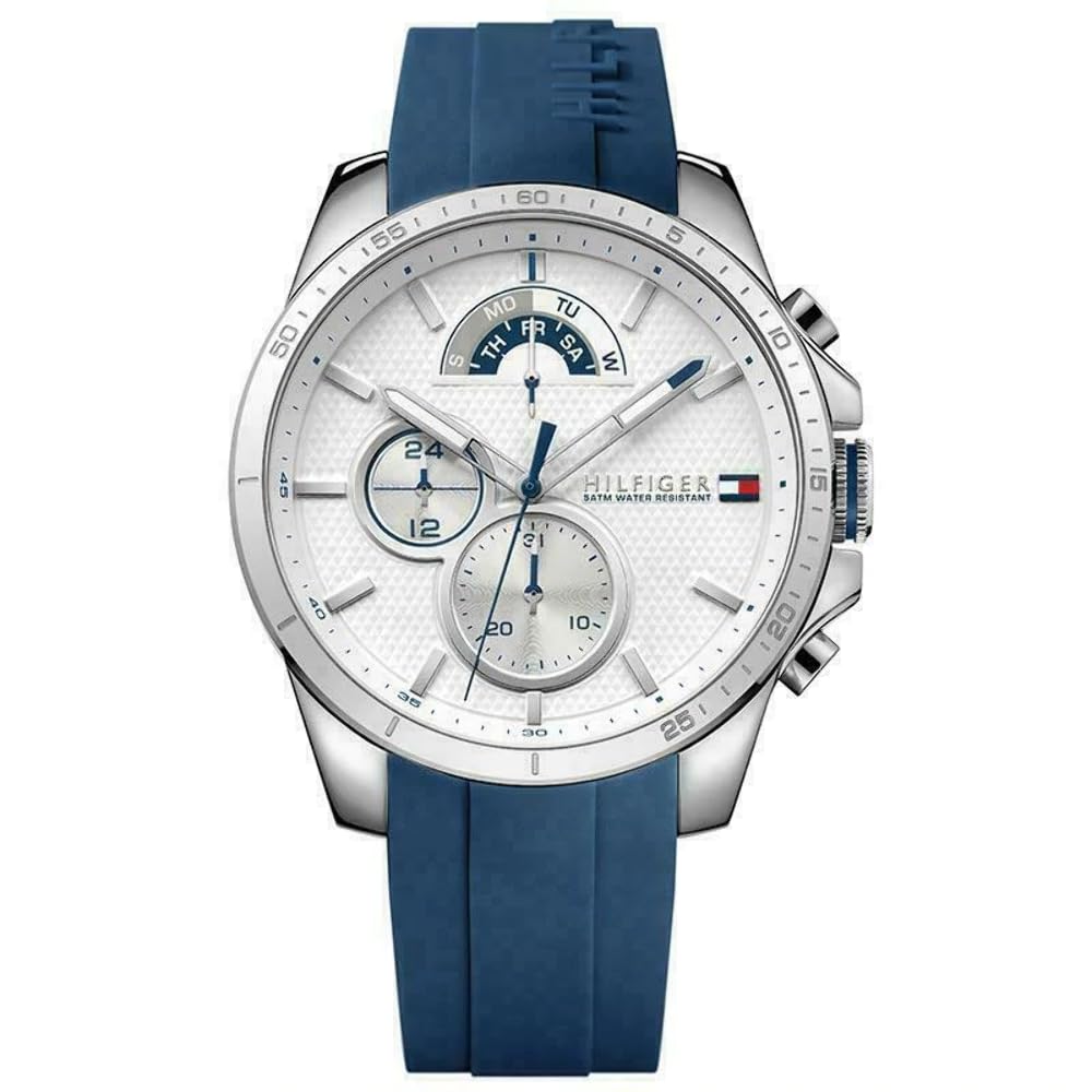 Tommy Hilfiger Relógio analógico multifuncional de quartzo para homens com correia de silicone, aço inoxidável ou couro, subesferas para dia e data, resistente à água até 5ATM.