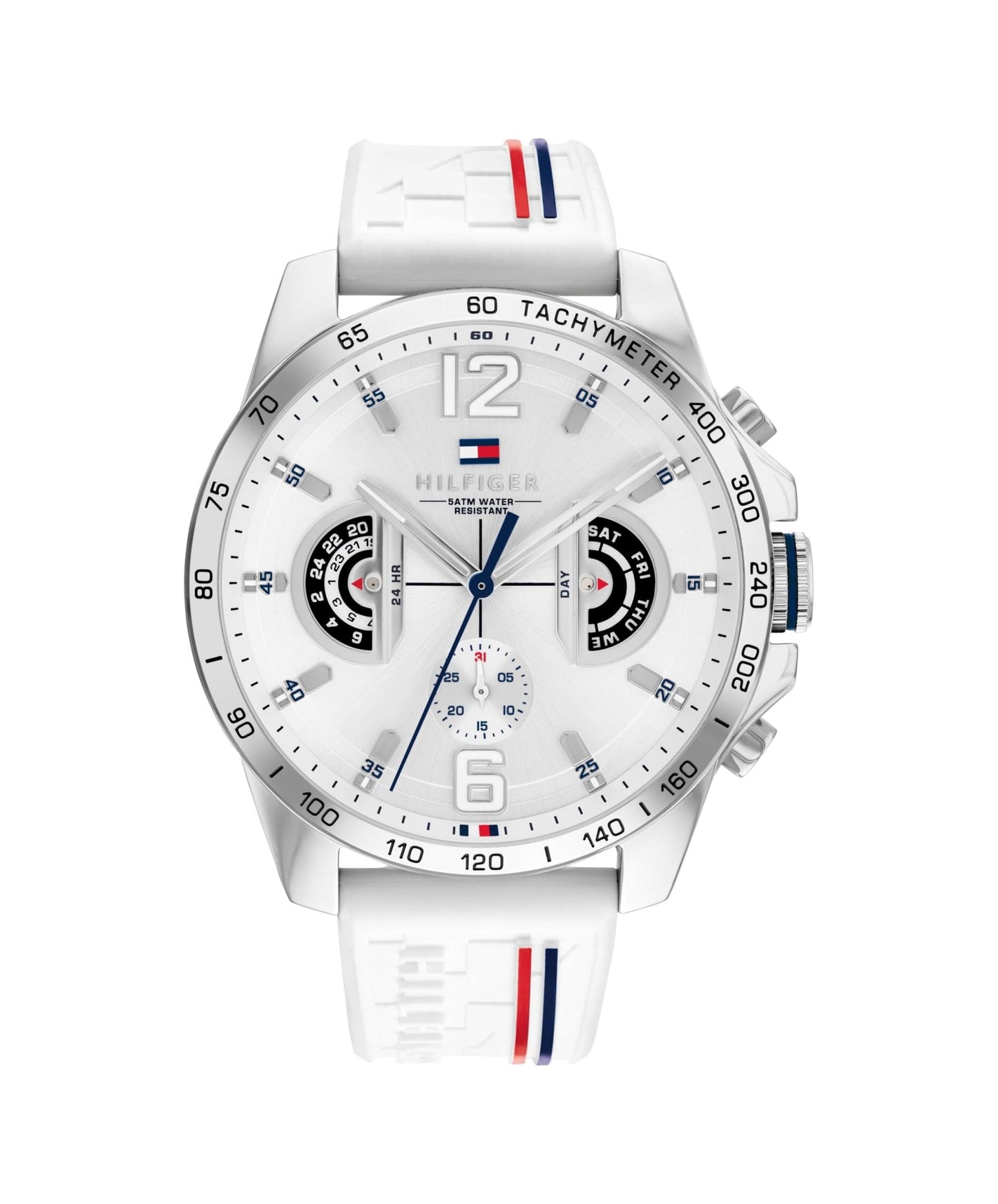 Tommy Hilfiger Relógio analógico multifuncional de quartzo para homens com correia de silicone, aço inoxidável ou couro, subesferas para dia e data, resistente à água até 5ATM.