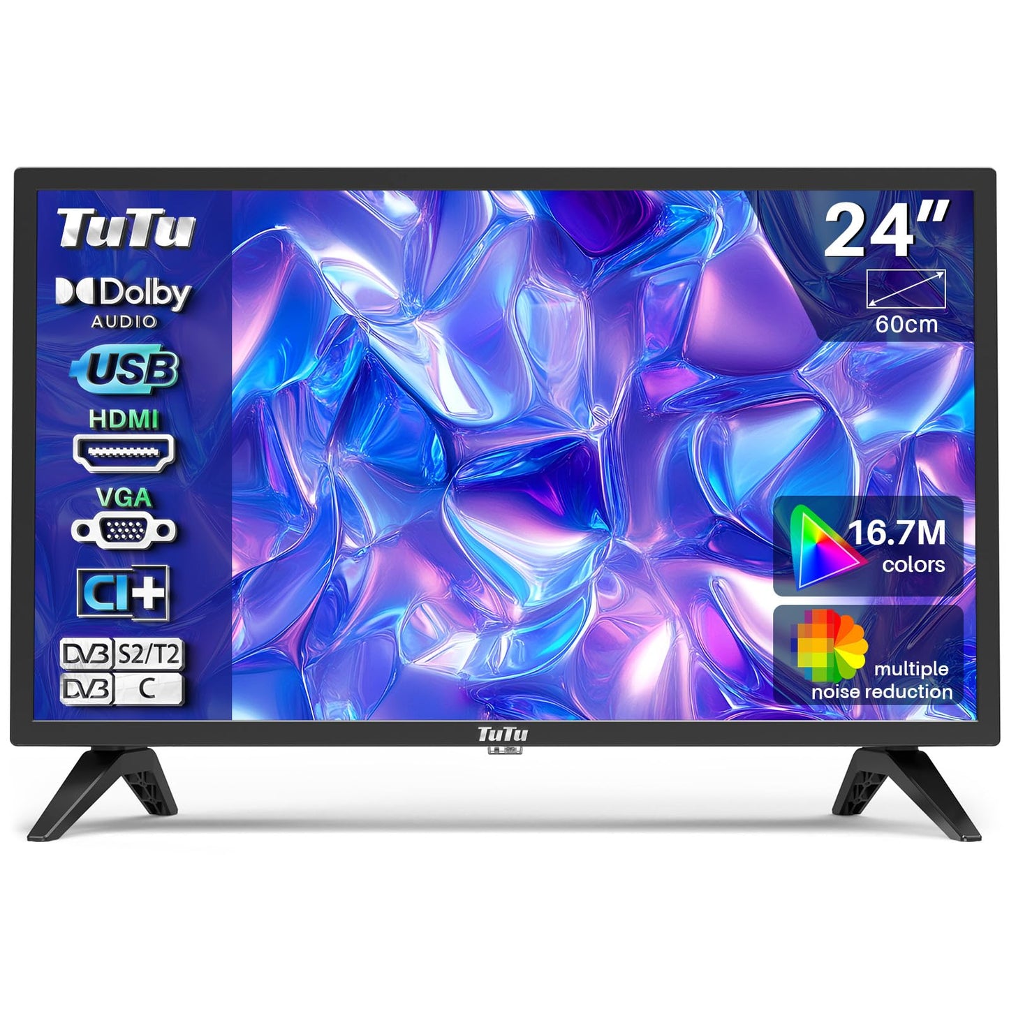 TuTu Televisores LED HD de 32 polegadas sem moldura TV com sintonizador digital DVB-T/T2-C-S/S2, HDMI, USB gravador leitor, modo de hotel, peana central (TUB32HN1NC, 2024)