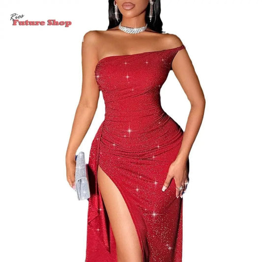 Vestido vermelho luminoso com alças assimétricas e racha lateral - Rios Future Shop