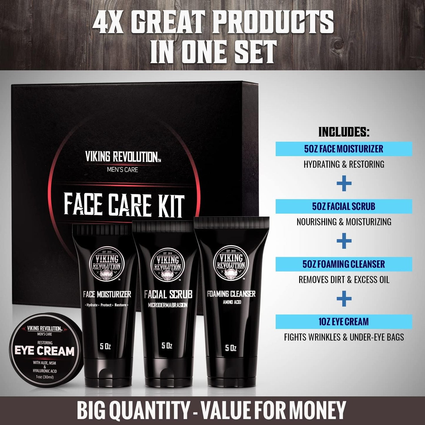 Viking Revolution - Kit de cuidados com a pele para homens - Skin Care homem - presente para homem - inclui creme hidratante, esfoliante facial, espuma de limpeza (142 g) e creme para os olhos (29 g)