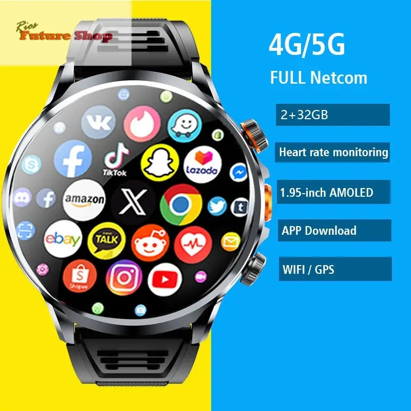 2025 novo relógio inteligente 4g android 1.95 polegada ips 360*360 tela com câmera 200w gps wifi 32gb rom smartwatch com bateria 1100mah - Rios Future Shop