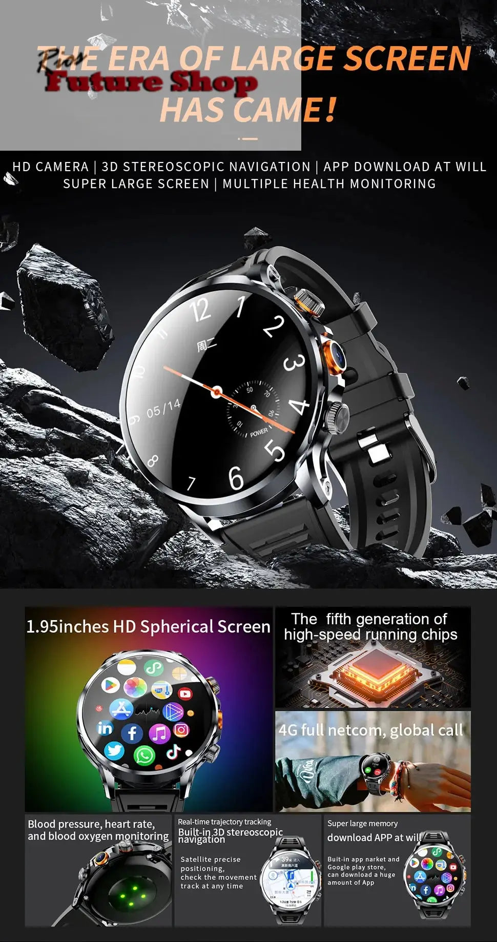 2025 novo relógio inteligente 4g android 1.95 polegada ips 360*360 tela com câmera 200w gps wifi 32gb rom smartwatch com bateria 1100mah - Rios Future Shop