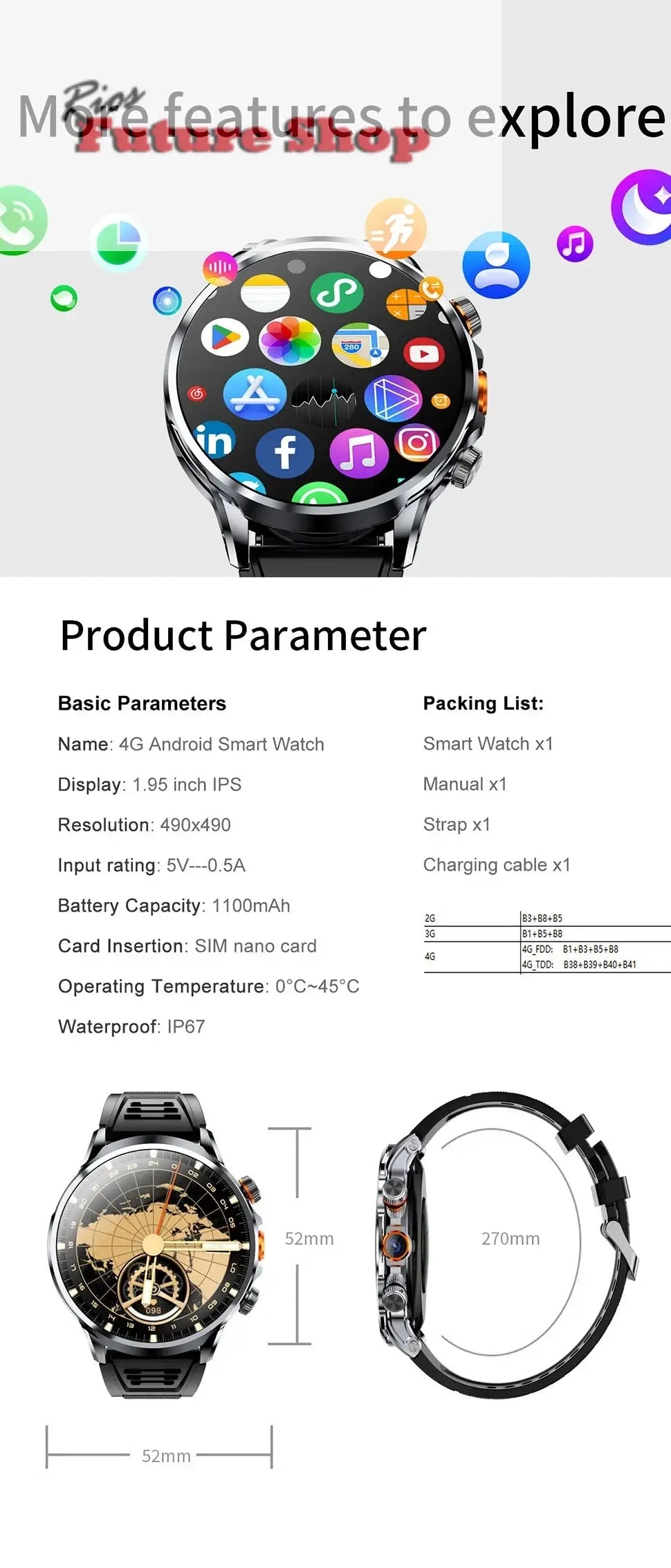 2025 novo relógio inteligente 4g android 1.95 polegada ips 360*360 tela com câmera 200w gps wifi 32gb rom smartwatch com bateria 1100mah - Rios Future Shop