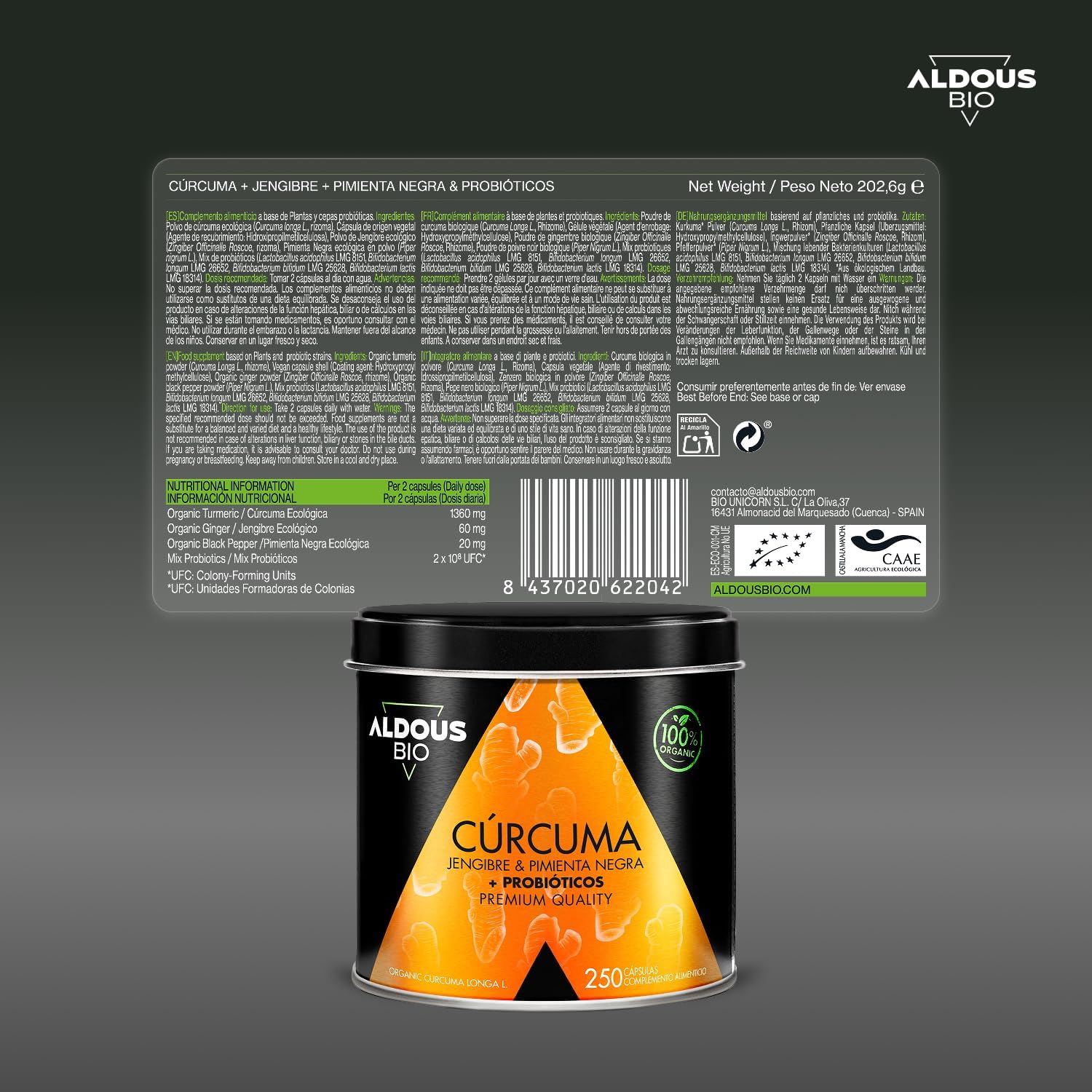 250 cápsulas PROBIÓTICOS BIO Cúrcuma com gengibre e pimenta preta, 1460 mg - Rios Future Shop