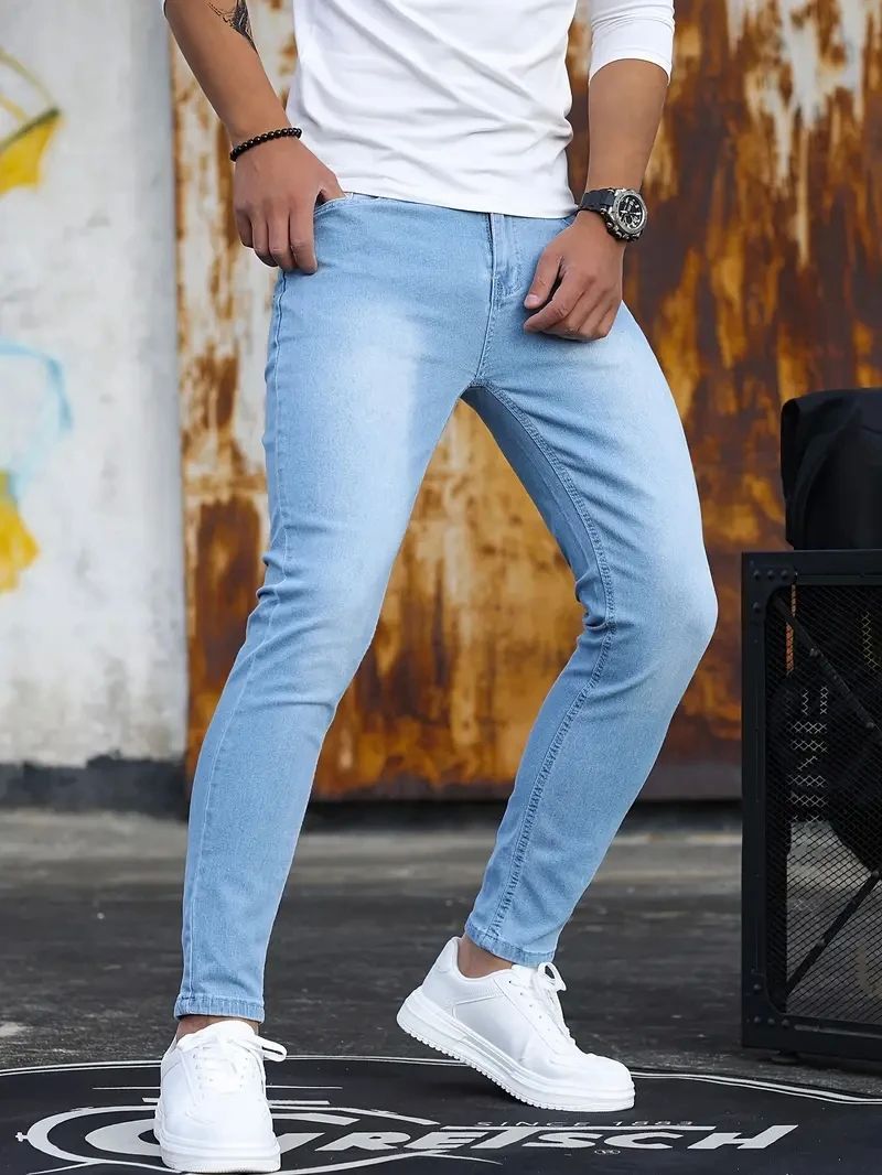 Calça masculina retrô com zíper elástica jeans casual slim fit