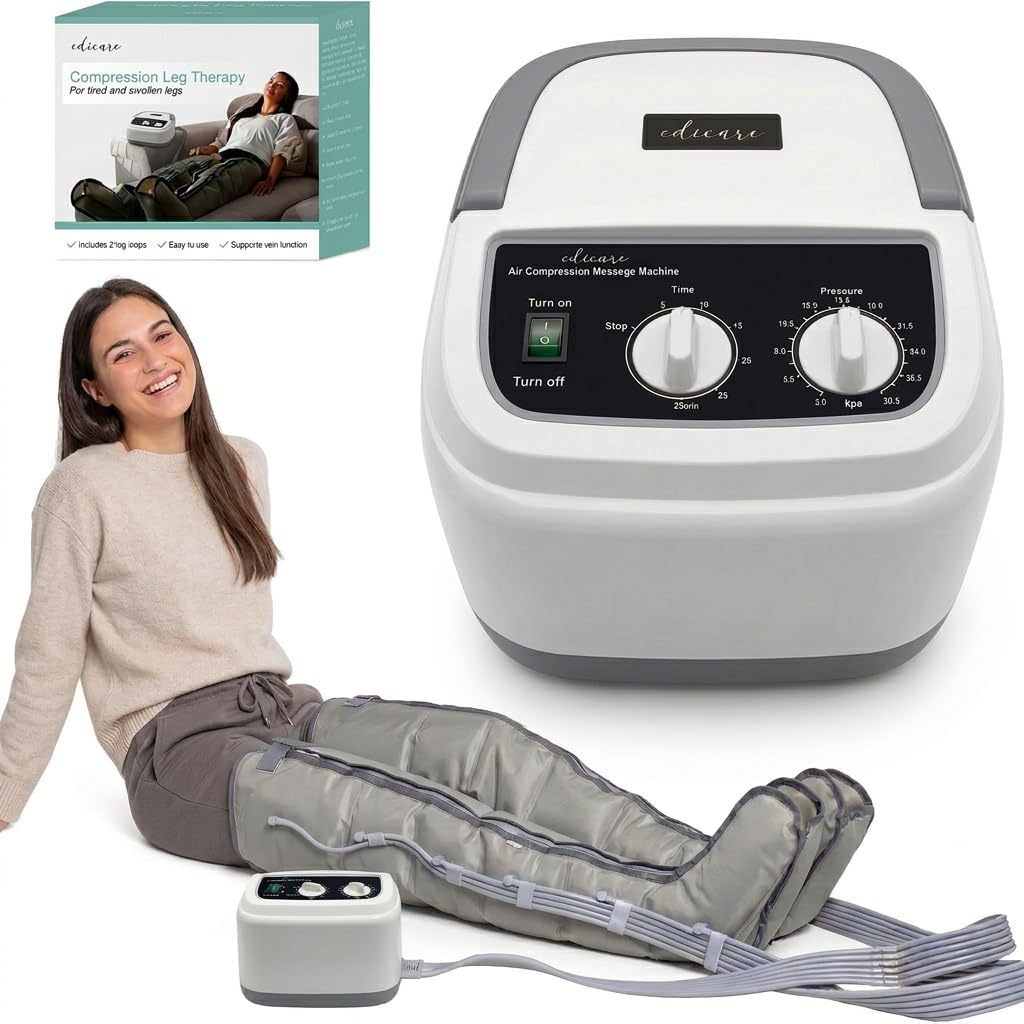 Edicare, Home Pressotherapy for Tired Legs and Feet, 6 Valves, Promotes Better Circulation, Lymphatic Drainage, Easy Use, Professional Efficiency (Device and Legs)