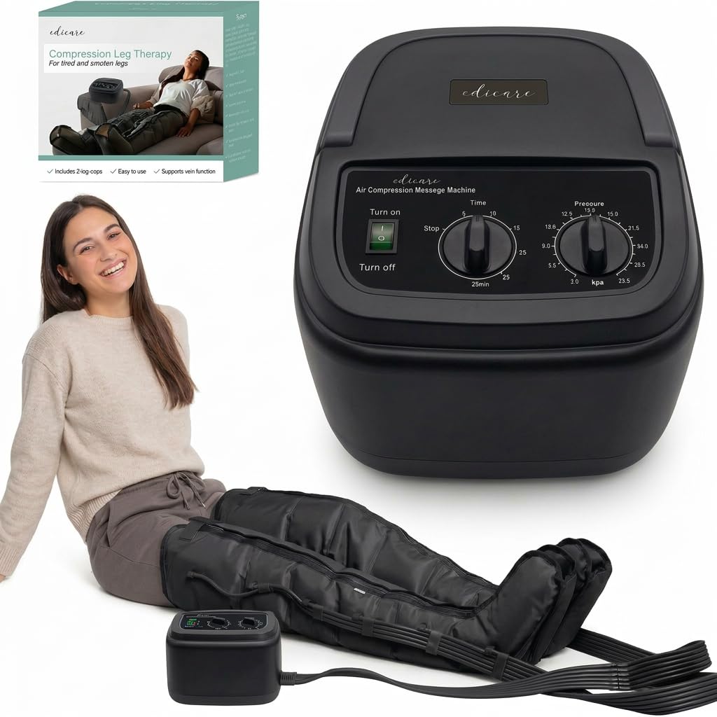 Edicare, Home Pressotherapy for Tired Legs and Feet, 6 Valves, Promotes Better Circulation, Lymphatic Drainage, Easy Use, Professional Efficiency (Device and Legs)
