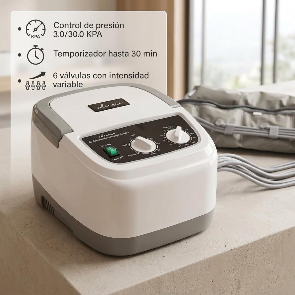 Edicare, Home Pressotherapy for Tired Legs and Feet, 6 Valves, Promotes Better Circulation, Lymphatic Drainage, Easy Use, Professional Efficiency (Device and Legs)