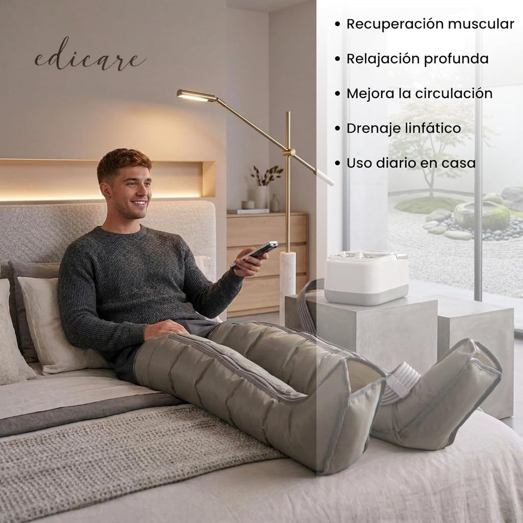Edicare, Home Pressotherapy for Tired Legs and Feet, 6 Valves, Promotes Better Circulation, Lymphatic Drainage, Easy Use, Professional Efficiency (Device and Legs)