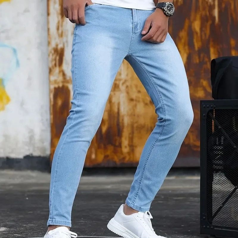 Calça masculina retrô com zíper elástica jeans casual slim fit