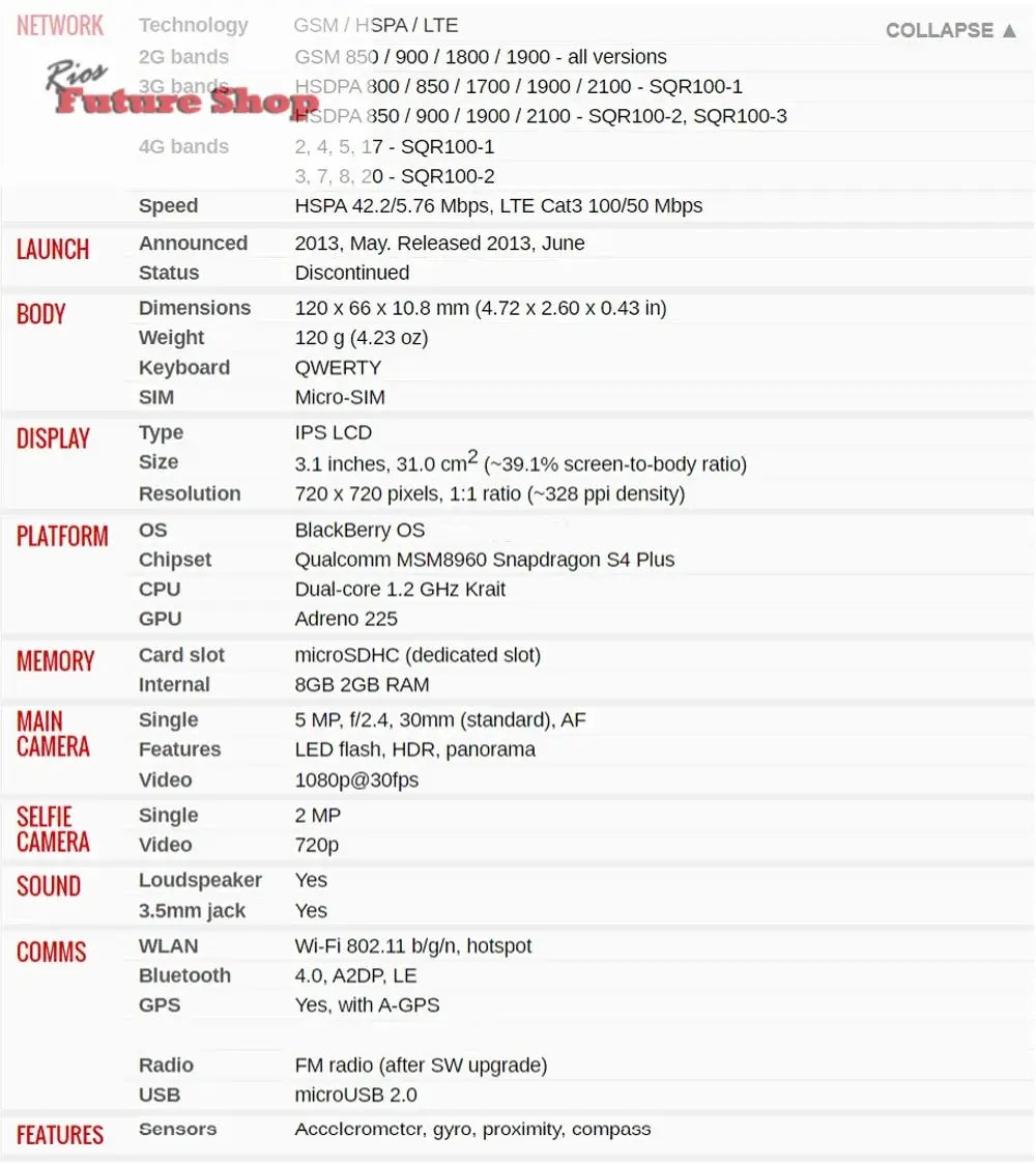 Blackberry Q5 4G Mobile Phone Unlocked 3.1" 2GB RAM 8GB ROM 5MP+2MP WIFI GPS q5 phone QWERTY Keyboard BlackBerryOS cellphone - Rios Future Shop