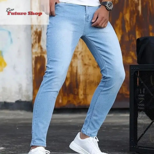 Calça masculina retrô com zíper elástica jeans casual slim fit - Rios Future Shop