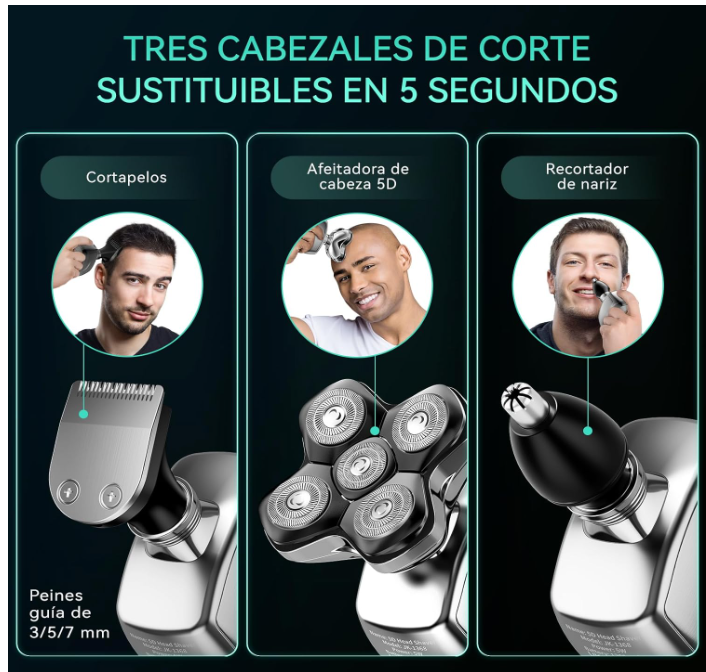 IPX6 impermeável máquina de barbear cabeça para carvo com cabeças magnéticas 5D, corta-pelos e nariz, barbear a seco e húmido, carregamento USB-C