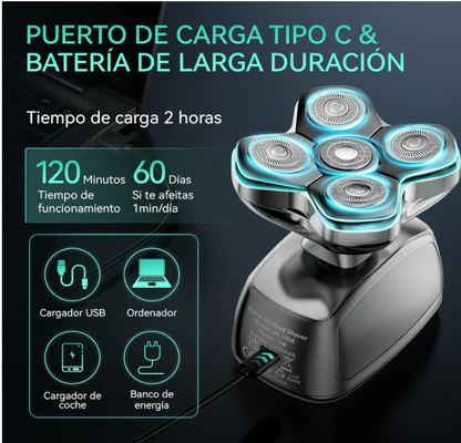 IPX6 impermeável máquina de barbear cabeça para carvo com cabeças magnéticas 5D, corta-pelos e nariz, barbear a seco e húmido, carregamento USB-C