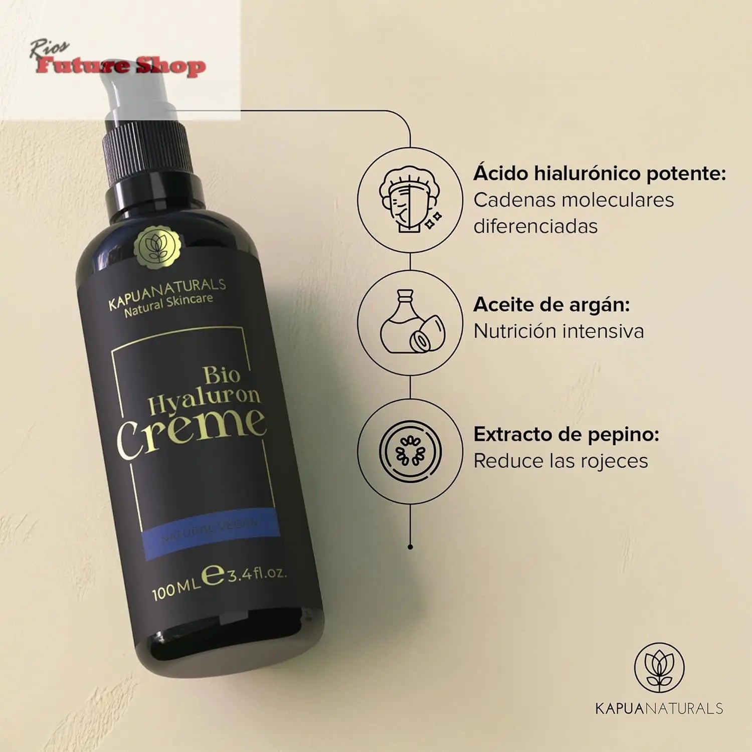 Crema Facial de Acido Hialuronico • 100ml • Crema Hidratante Facial • ORGÁNICA & VEGANO • Cosmética natural y sostenible • con Aloe Vera •Crema hidratante antiedad para hombres y mujeres - Rios Future Shop