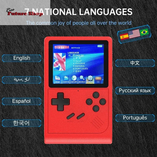 Portable GB300 retro video game console with multilingual support and 3.0" color screen.