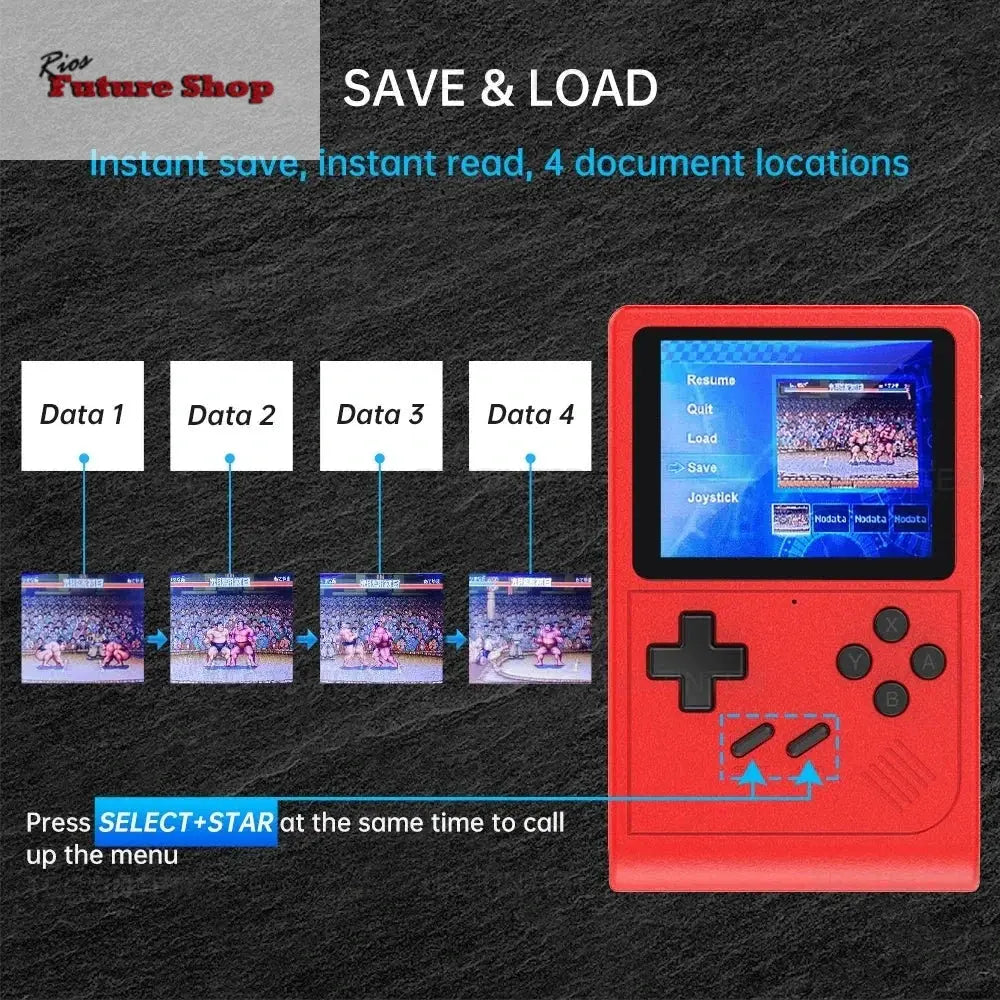 Portable retro handheld video game console, GB300 by TECTINTER, featuring 3.0" color screen, 8GB storage, 6000+ games, 800mAh battery, and Type-C charging.