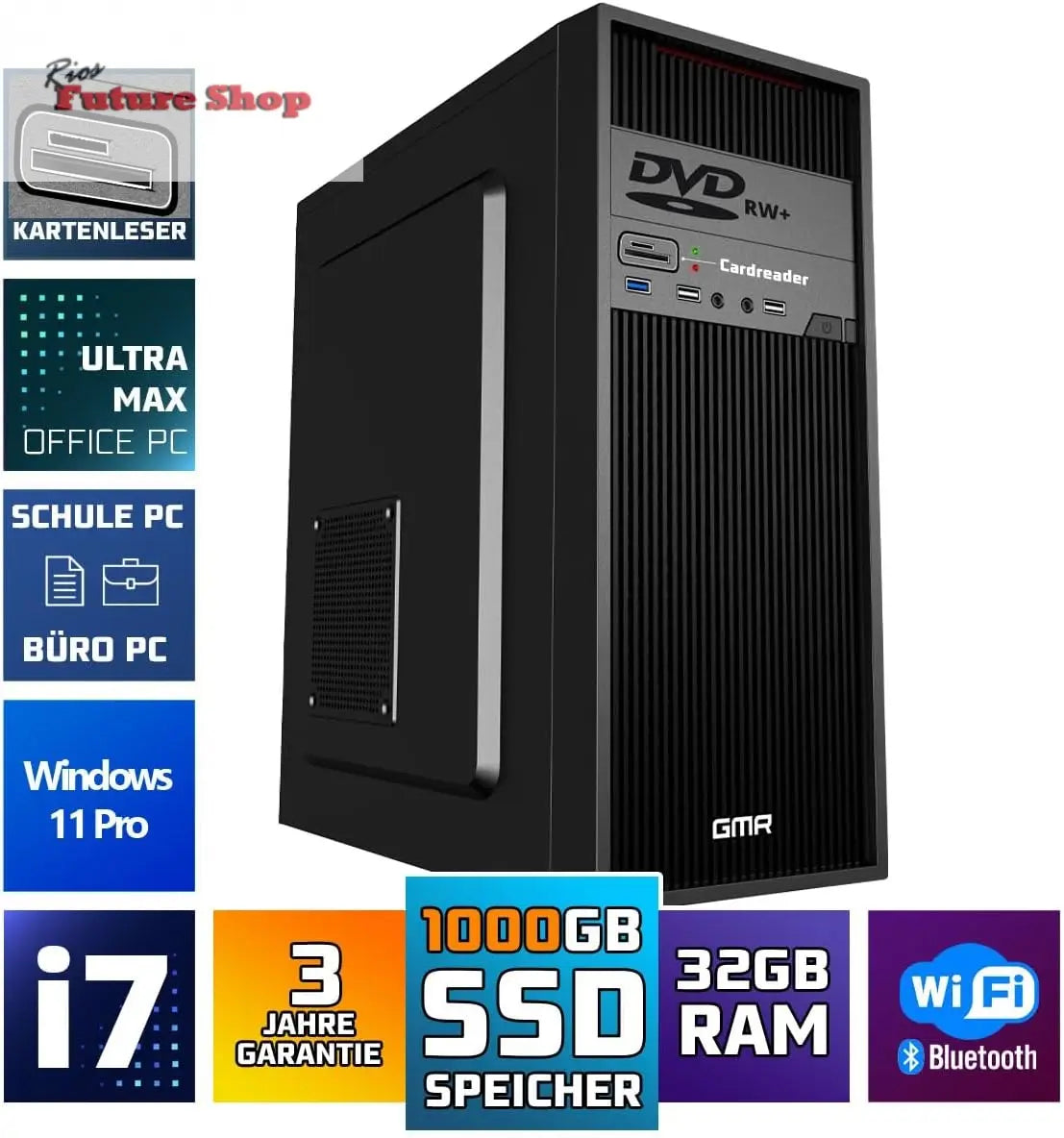 GMR Ultra Intel i7 PC - Calculadora rápida + Ordenador para Oficina y Oficina en casa con 32 GB DDR4 RAM/Memoria RAM - SSD de 2 TB - DVD+RW - USB 3.0 - WiFi 600 y Bluetooth 5 - Win 11 Pro - Rios Future Shop